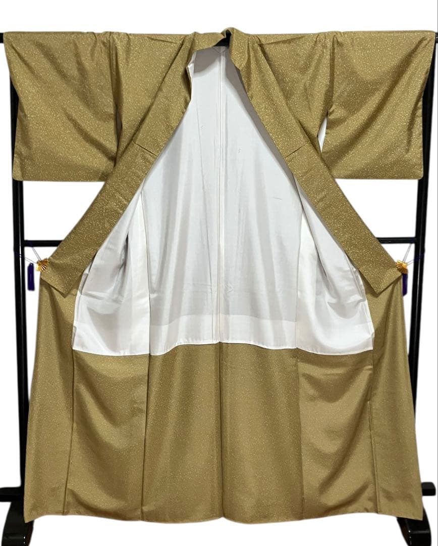 牛首紬 無地 正絹 叩き染め 共八掛 黄海松茶 美品 イ6492