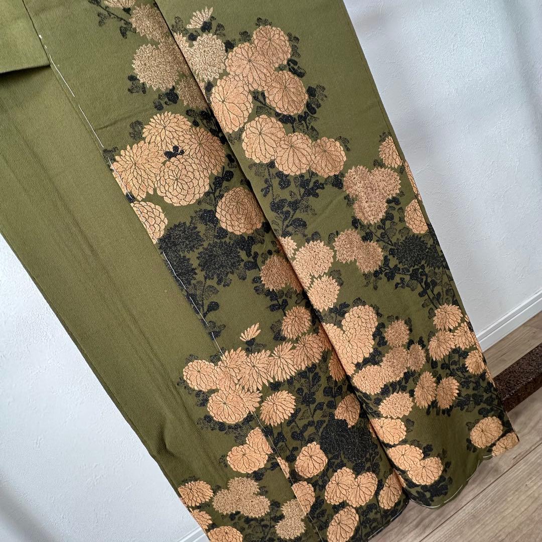 超美品　正絹　袷　着物　お召　訪問着　156 モスグリーン　緑　ヴィンテージ