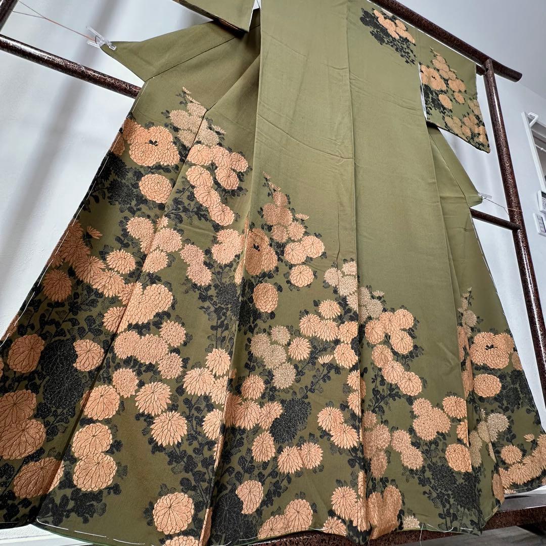 超美品　正絹　袷　着物　お召　訪問着　156 モスグリーン　緑　ヴィンテージ