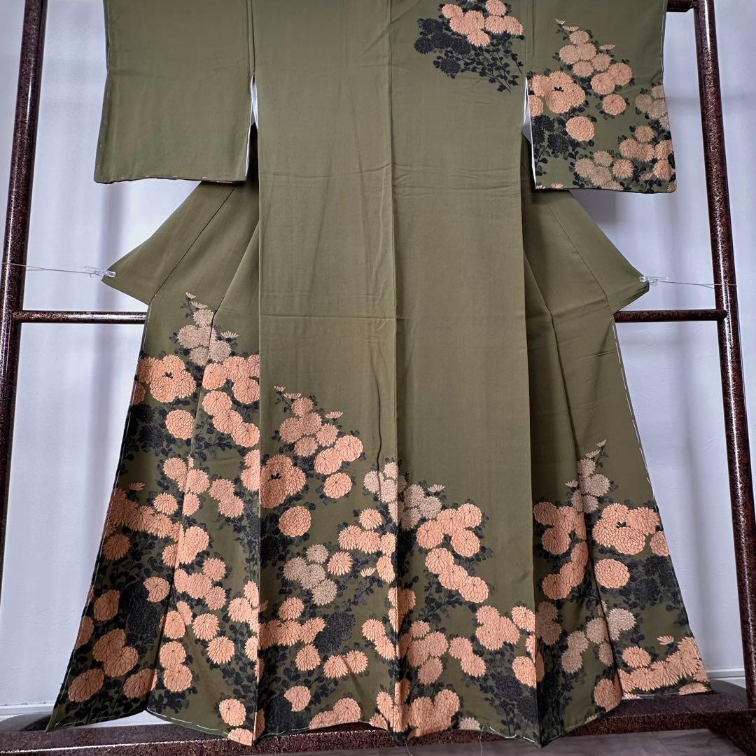 超美品　正絹　袷　着物　お召　訪問着　156 モスグリーン　緑　ヴィンテージ