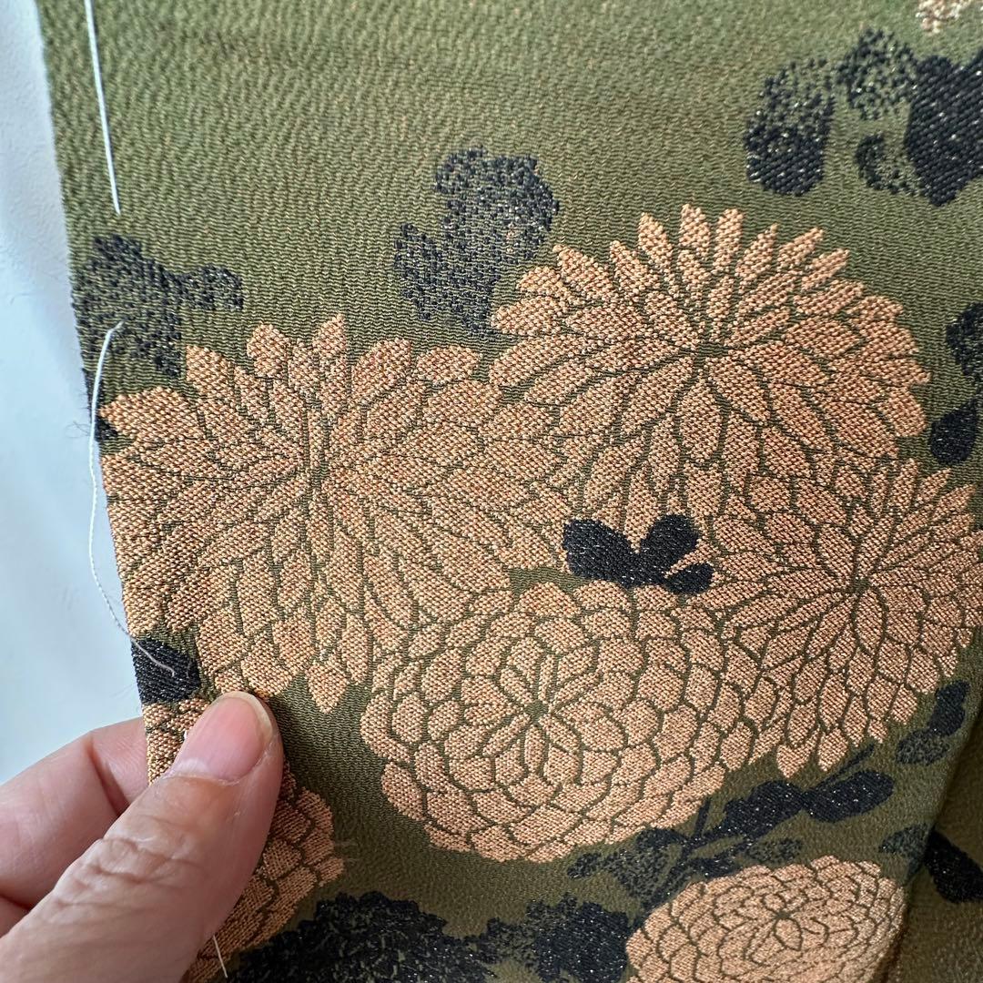 超美品　正絹　袷　着物　お召　訪問着　156 モスグリーン　緑　ヴィンテージ