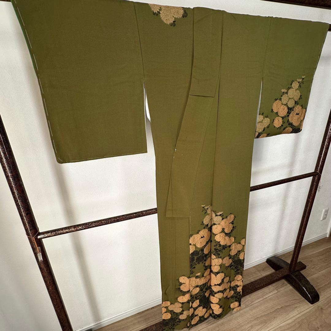 超美品　正絹　袷　着物　お召　訪問着　156 モスグリーン　緑　ヴィンテージ