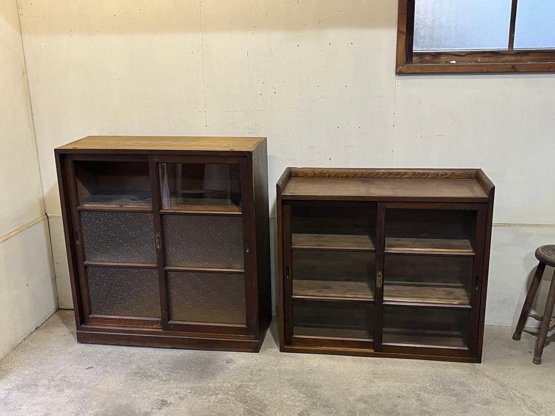 銀*B様 レトロ 木製ガラス戸棚 食器棚 収納 水屋箪笥 キャビネット 本棚