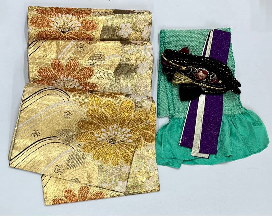 振り袖　フルセット　別誂長襦袢付　金彩加工　刺繍　銀通し　全通袋帯　紫　732