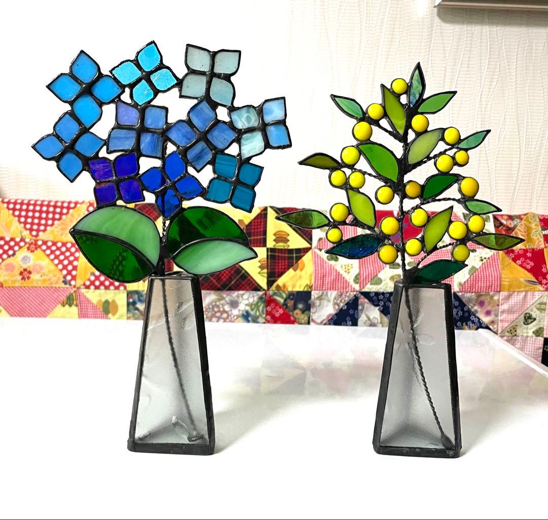 ステンドグラス花瓶＆紫陽花.ミモザ