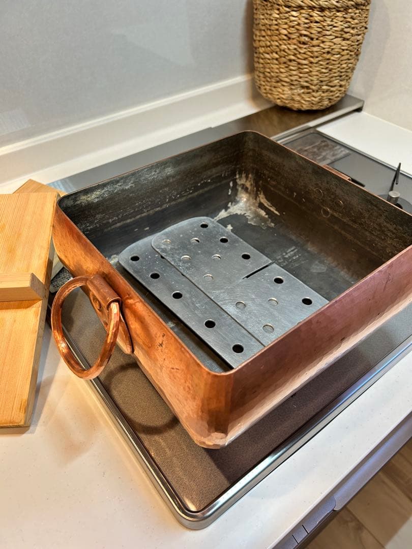 茂作　銅製四角鍋 木製蓋付き