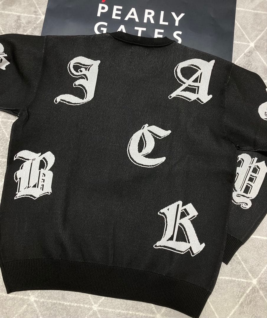 新品 パーリーゲイツ ジャックバニー ゴシックロゴWジャガードニット(6)LL黒