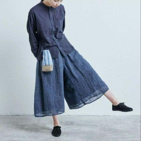 中川政七商店 麻のかや織 キュロットパンツ 紺色 フリー ゴムウエスト