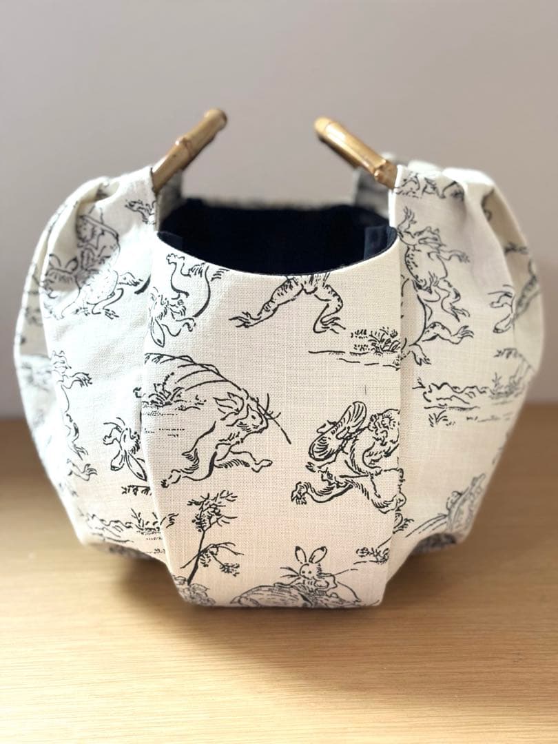 和装バック　着物バック和柄コットン生地・鳥獣戯画（アイボリー）入学卒業結婚式振袖