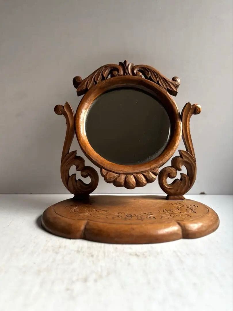 684 フランスアンティーク 木彫が美しい卓上鏡 鏡台 ミラー 蚤の市購入 パリ