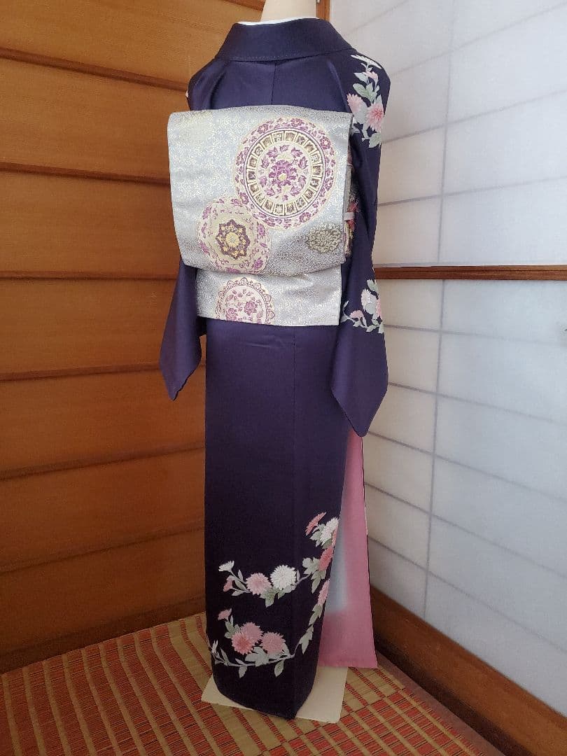 【美品＊着物帯セット】お花の訪問着　濃紺　帝王紫の袋帯　正絹　本日特価☆　裄67