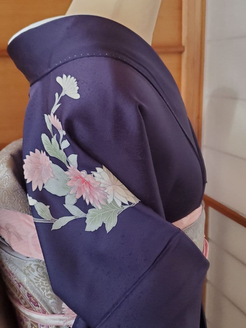 【美品＊着物帯セット】お花の訪問着　濃紺　帝王紫の袋帯　正絹　本日特価☆　裄67