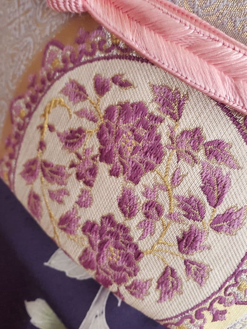 【美品＊着物帯セット】お花の訪問着　濃紺　帝王紫の袋帯　正絹　本日特価☆　裄67