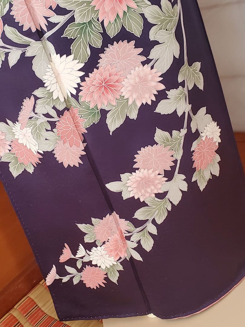 【美品＊着物帯セット】お花の訪問着　濃紺　帝王紫の袋帯　正絹　本日特価☆　裄67