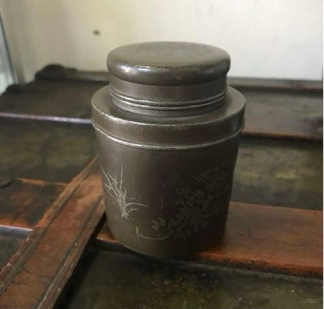 美品　茶道具　古錫　茶入　茶壷　茶心壺　煎茶道具　茶道　繊細な彫りが素敵な