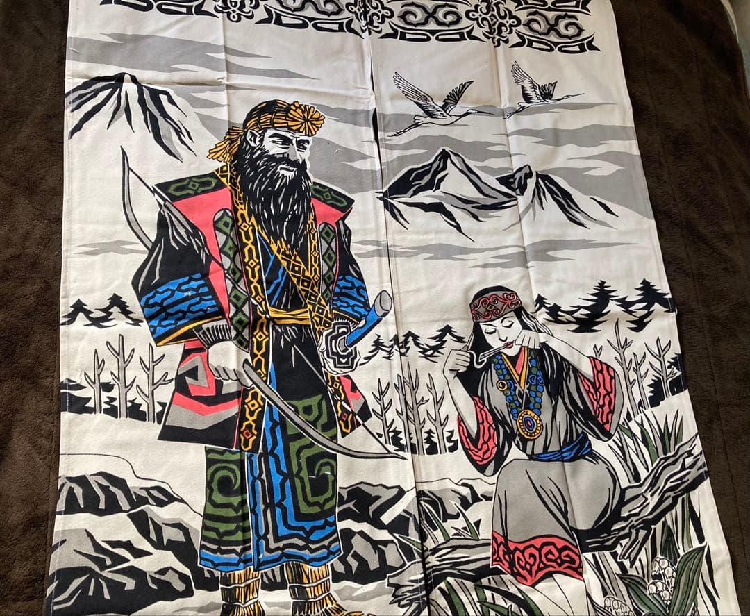 アイヌ民族 鶴酋長カラー 特大 北海道帆布 のれん 超希少商品 アイヌコタン村