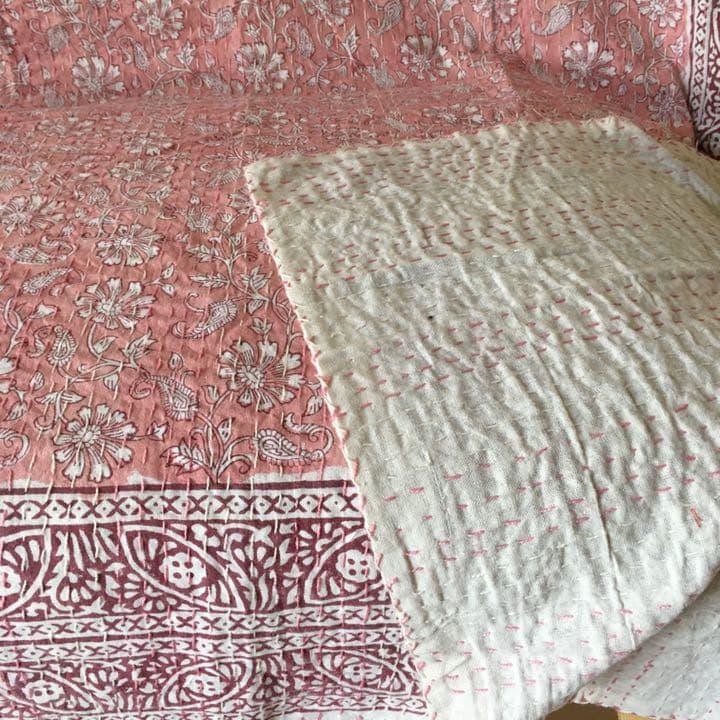 #127 カンタキルト　ブロックプリント　ピンク