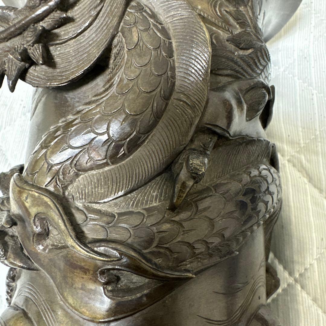 時代物 中国 日本 銅器 龍の置物 鶴亀 薄端 花器 金属工芸 花瓶 龍花瓶