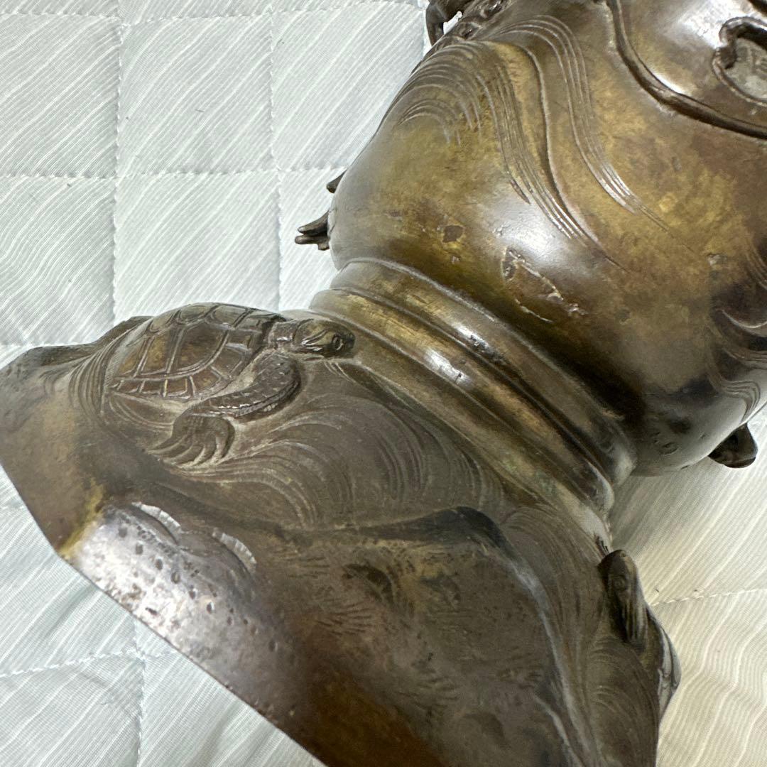 時代物 中国 日本 銅器 龍の置物 鶴亀 薄端 花器 金属工芸 花瓶 龍花瓶