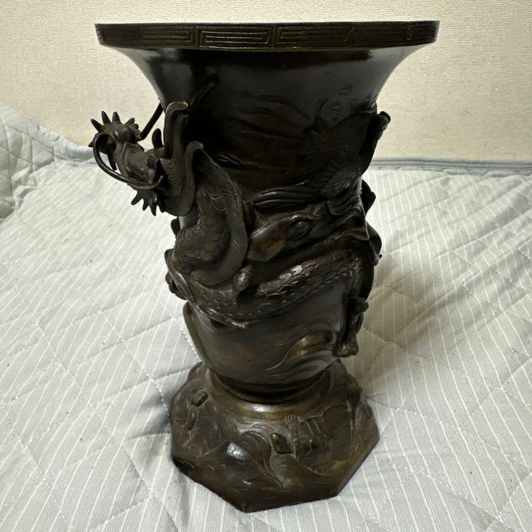 時代物 中国 日本 銅器 龍の置物 鶴亀 薄端 花器 金属工芸 花瓶 龍花瓶