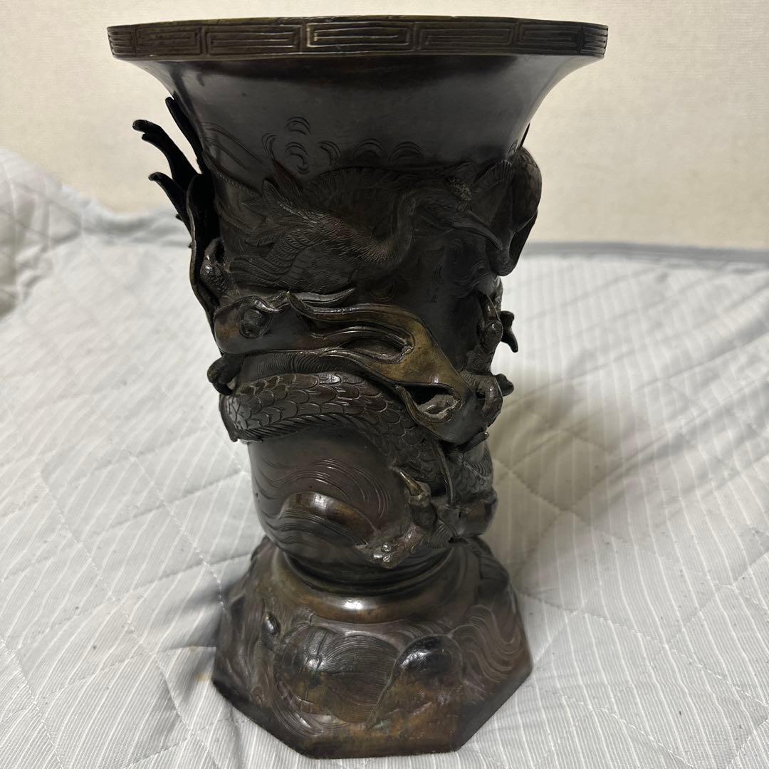 時代物 中国 日本 銅器 龍の置物 鶴亀 薄端 花器 金属工芸 花瓶 龍花瓶