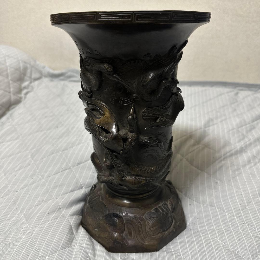時代物 中国 日本 銅器 龍の置物 鶴亀 薄端 花器 金属工芸 花瓶 龍花瓶