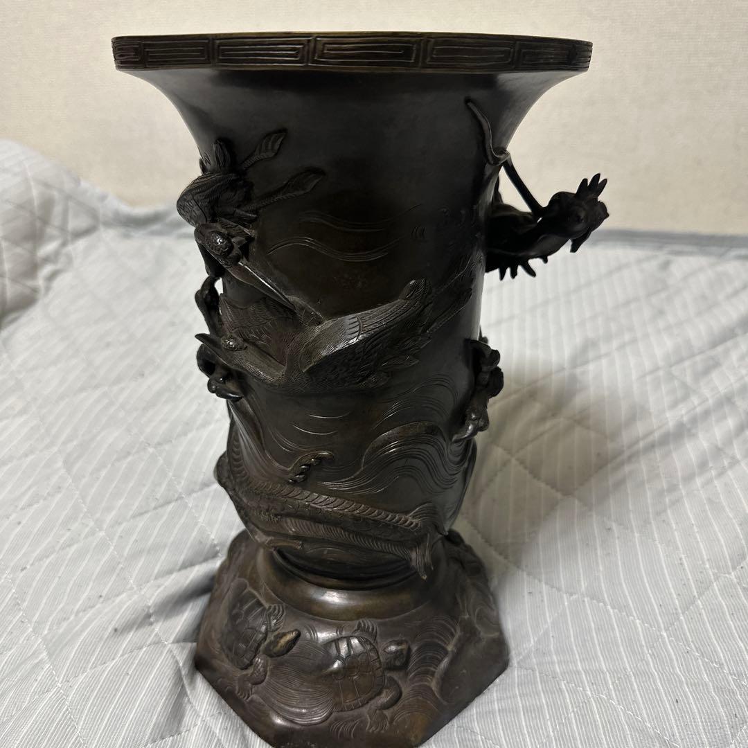 時代物 中国 日本 銅器 龍の置物 鶴亀 薄端 花器 金属工芸 花瓶 龍花瓶