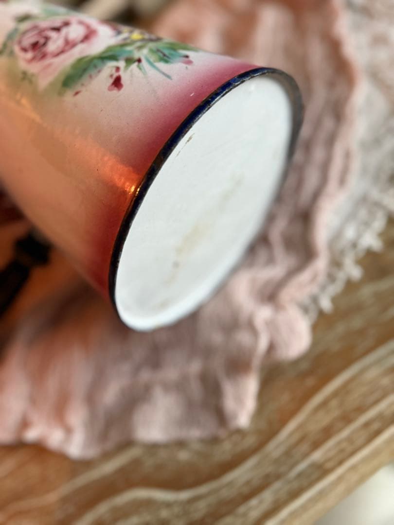 フランスアンティークホーロージャピー社ピンク薔薇とパンジー柄レア！ショコラティエ