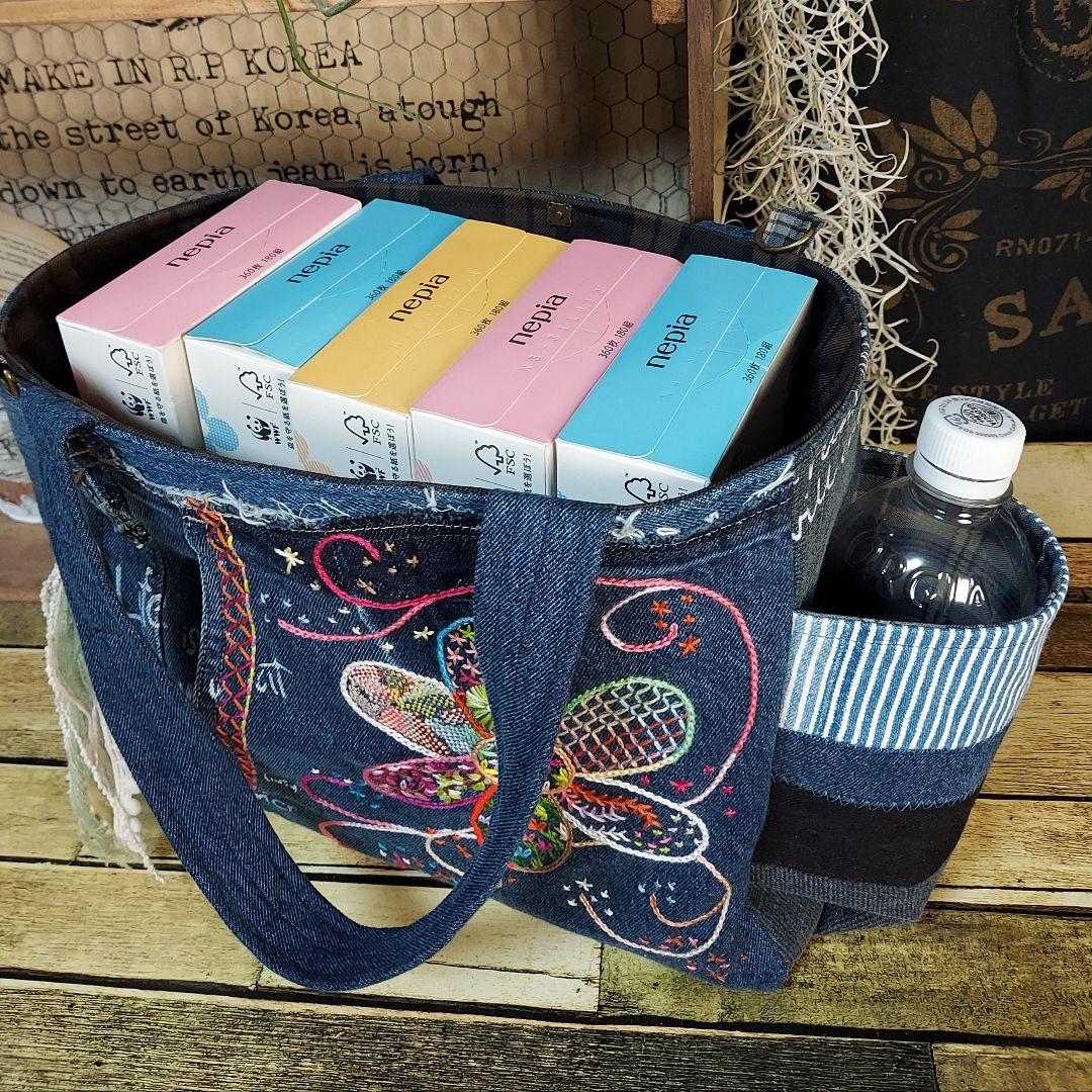 刺繍デニムバック　No.652　デニムリメイク　刺繍バック　サイドポケット
