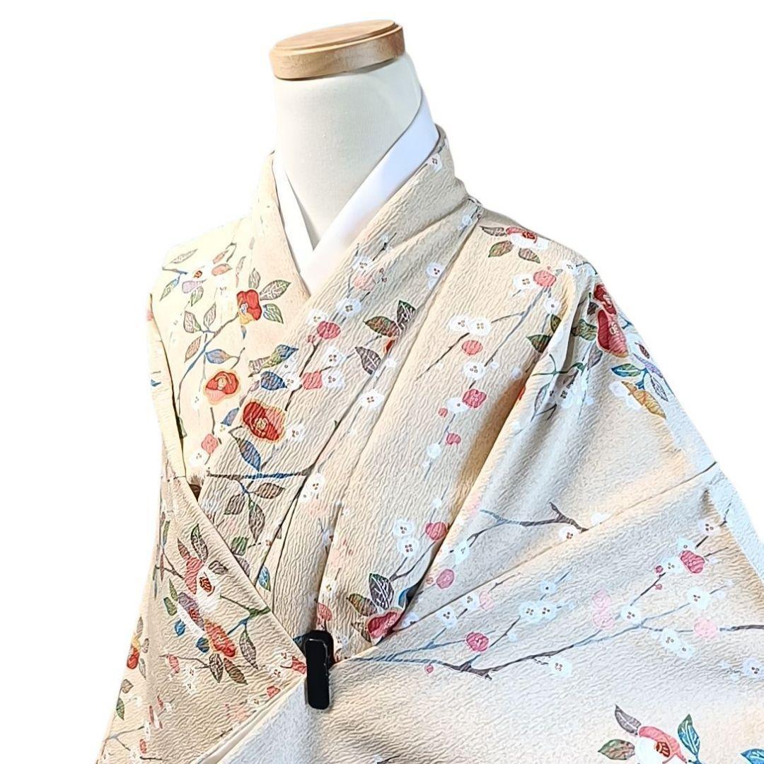m*t様 C68 ちどり屋 着物 小紋 洗える着物 化繊 花 ベージュ