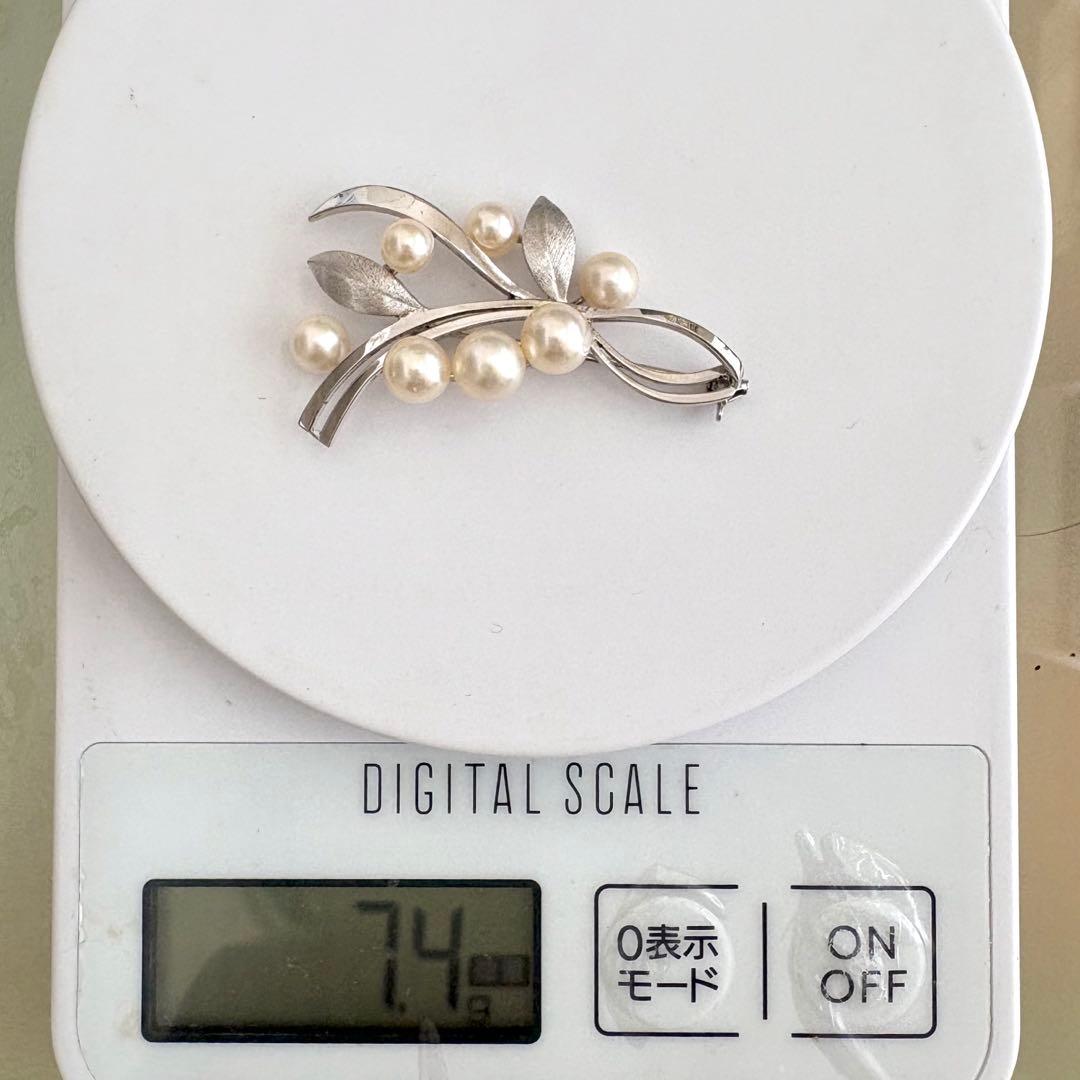 美品✨MIKIMOTO ブローチ あこや真珠 7珠 リーフM刻印 シルバー