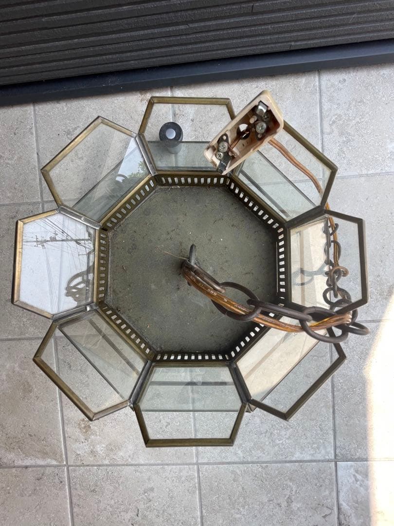 真鍮製　ガラス製　ペンダントライト　8角形　アンティーク　昭和