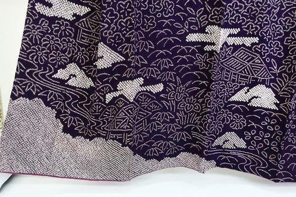 美品 訪問着 濃紫 絞り 風景柄 楓 松 花文 身丈158cm 裄丈69cm