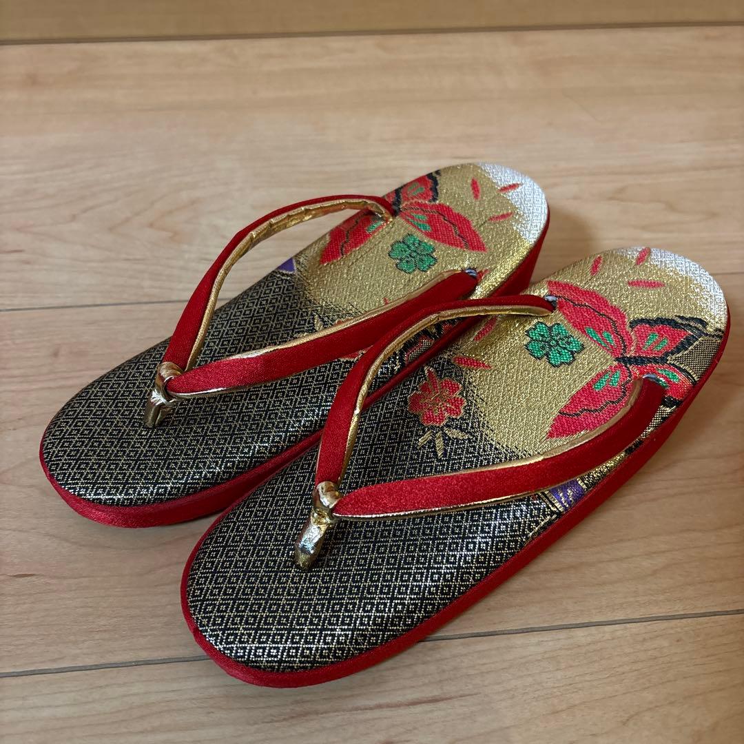 195 run 金×黒×赤　蝶々　ペアセット　結び帯・箱せこセット　7歳　七五三