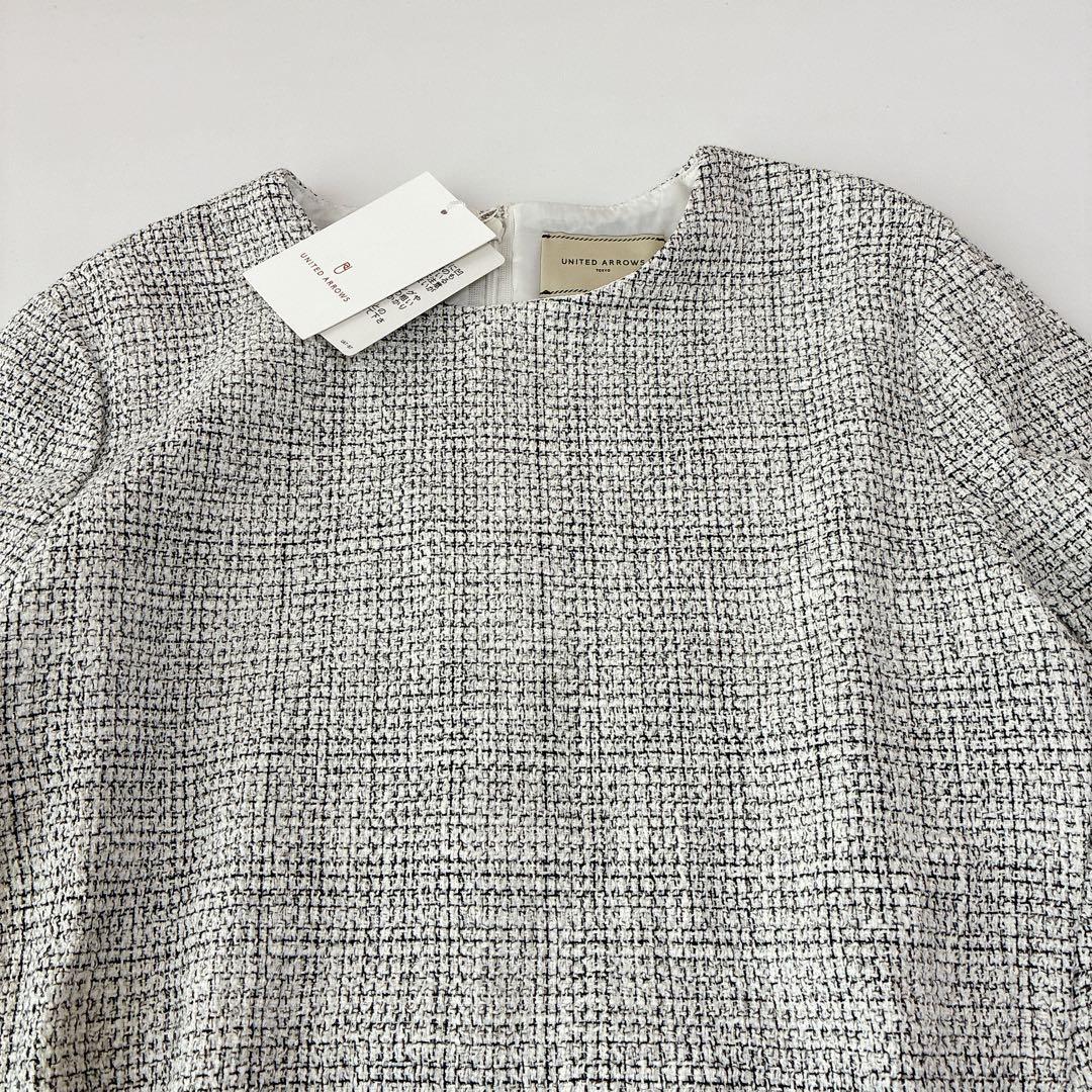 タグ付未使用 ミックスツイード バックペプラムブラウス Aラインホワイトブラック