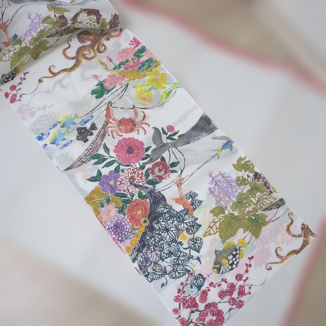 浴衣 反物 綿 海の生き物 型絵染