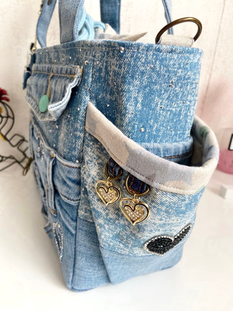 デニムリメイクバッグ　キラキラストーンデニム
