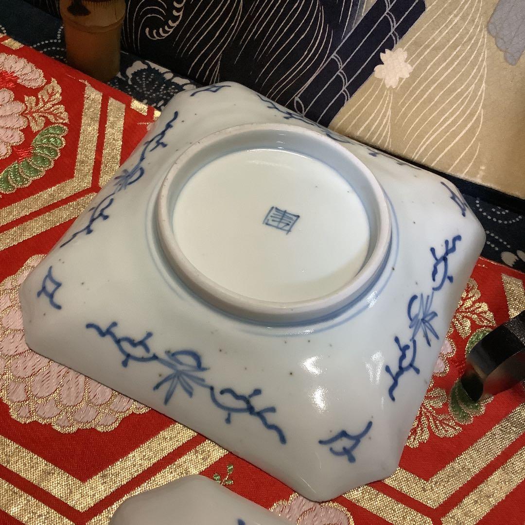 古伊万里　染付　線描　松竹梅　角皿　江戸　銘有　5客　大聖寺・李朝・輪島塗好き