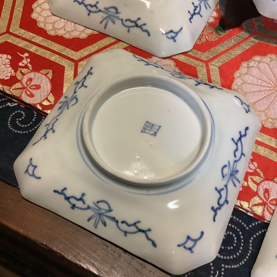 古伊万里　染付　線描　松竹梅　角皿　江戸　銘有　5客　大聖寺・李朝・輪島塗好き