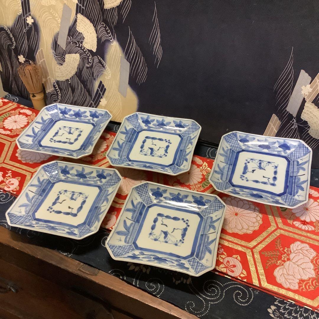 古伊万里　染付　線描　松竹梅　角皿　江戸　銘有　5客　大聖寺・李朝・輪島塗好き