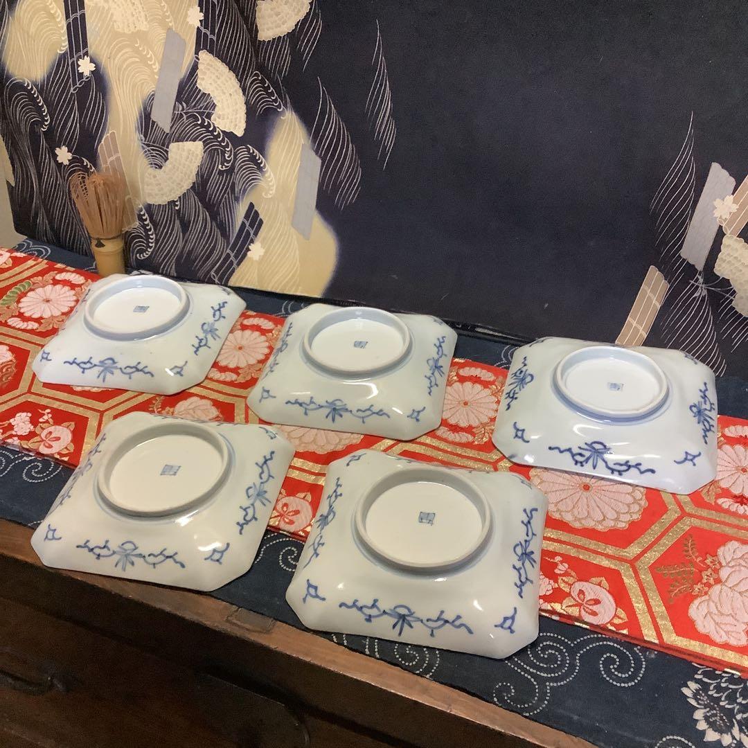 古伊万里　染付　線描　松竹梅　角皿　江戸　銘有　5客　大聖寺・李朝・輪島塗好き