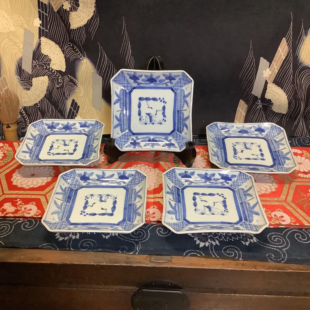 古伊万里　染付　線描　松竹梅　角皿　江戸　銘有　5客　大聖寺・李朝・輪島塗好き
