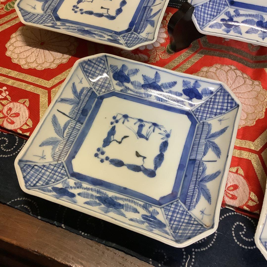 古伊万里　染付　線描　松竹梅　角皿　江戸　銘有　5客　大聖寺・李朝・輪島塗好き