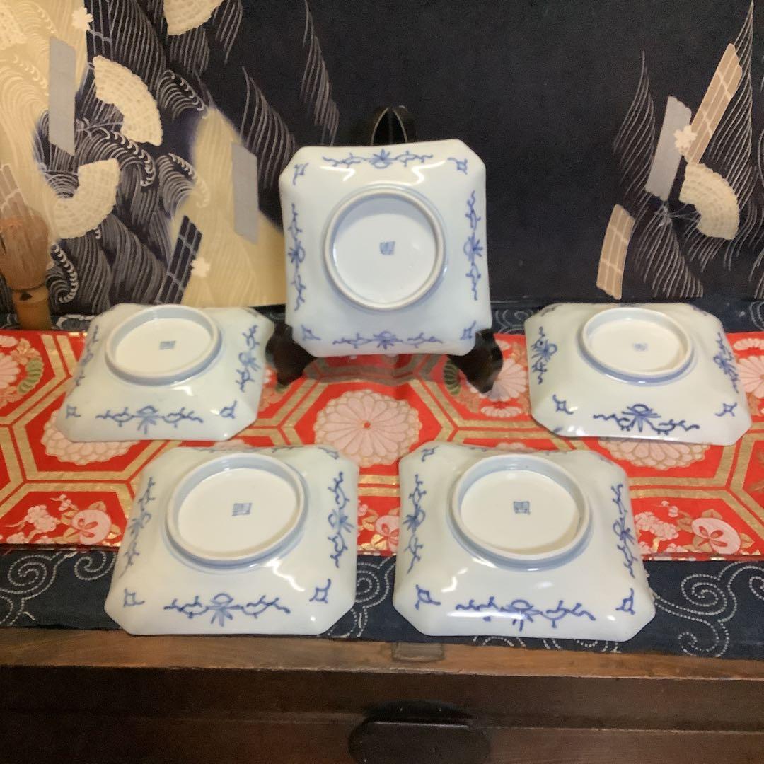 古伊万里　染付　線描　松竹梅　角皿　江戸　銘有　5客　大聖寺・李朝・輪島塗好き