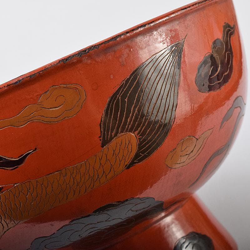 古民具　根来塗　雲龍文彫　椀　時代箱付　V　R8441