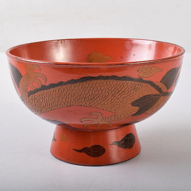 古民具　根来塗　雲龍文彫　椀　時代箱付　V　R8441