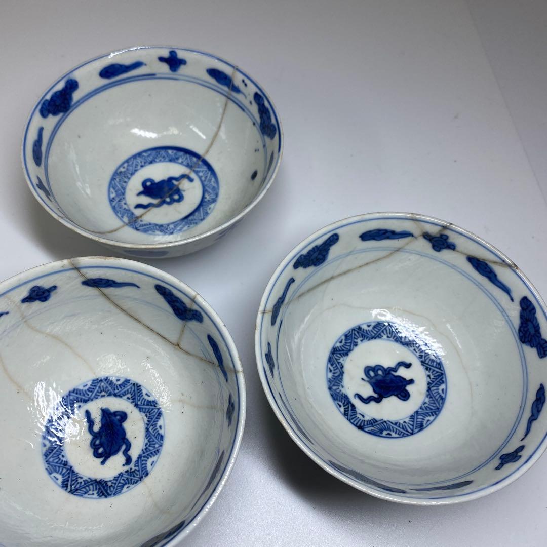 専用中国明末清朝時新渡青花蓋茶碗9客と身1点　木箱　東Y7-0303☆2Fトニカ