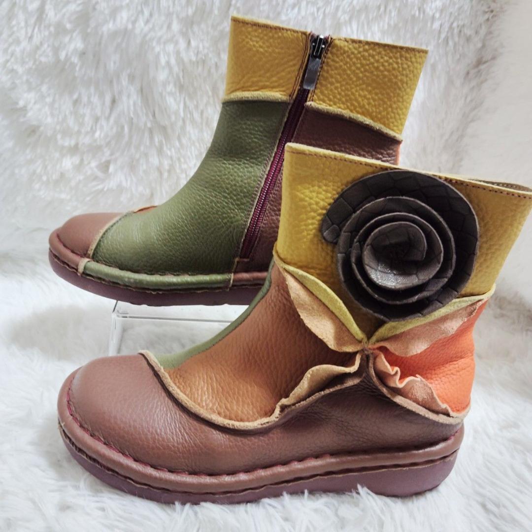 エスタシオン レザーサイドジップブーツ最終価格 L 24〜24.5 花モチーフ