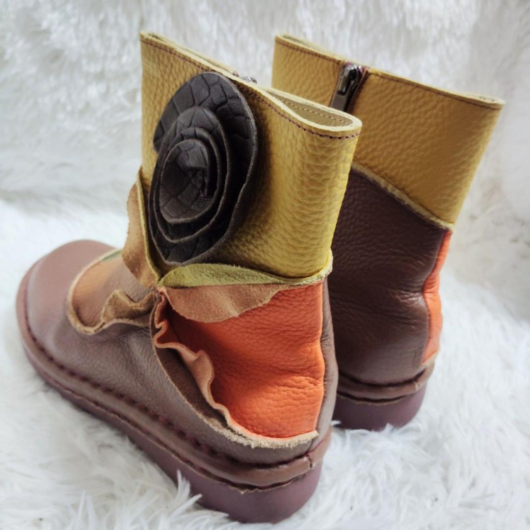 エスタシオン レザーサイドジップブーツ最終価格 L 24〜24.5 花モチーフ