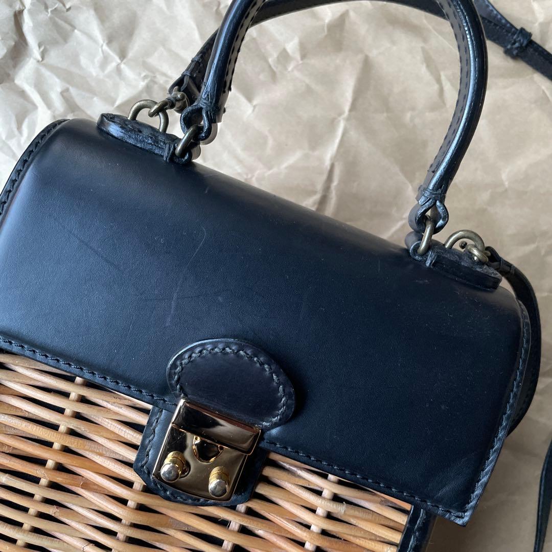 【ebagos】エバゴス カーフ ハンドバッグ S ケリー ミニ ブラック 籐籠